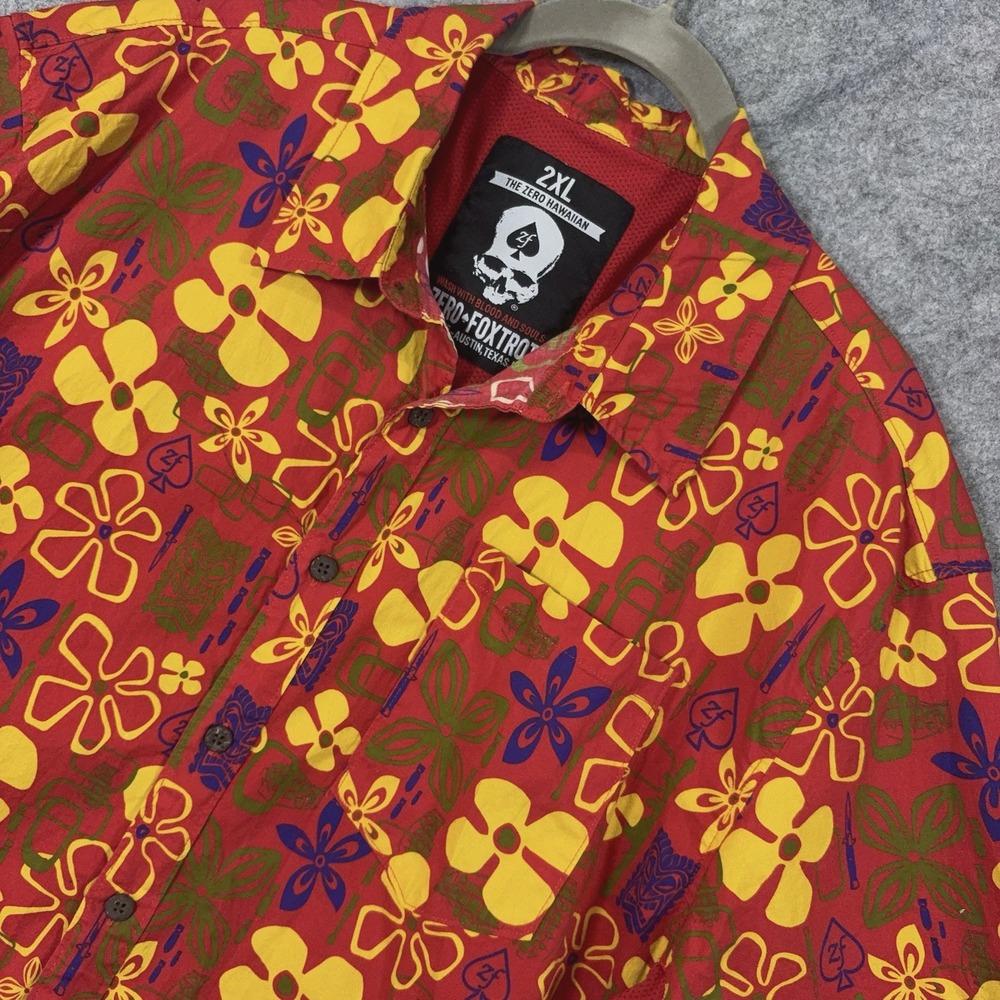 Zero Foxtrot Hawaiian Shirt Mens 2XL Red Floral Mesh Inserts Stretch Pocket